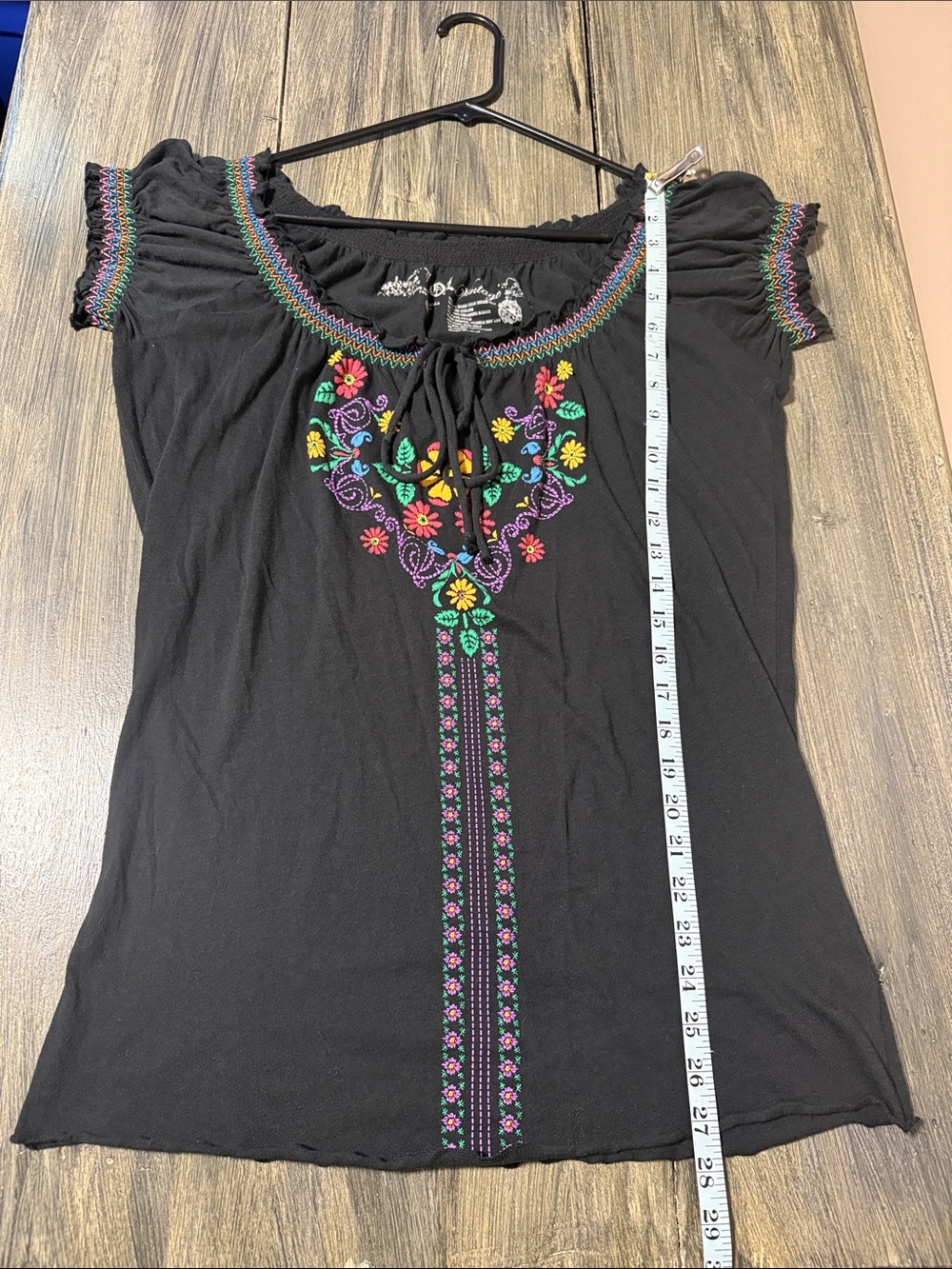 L.O.L. Vintage Black Embroidered Peasant Blouse with Multicolor Floral Trim - Picture 6 of 7